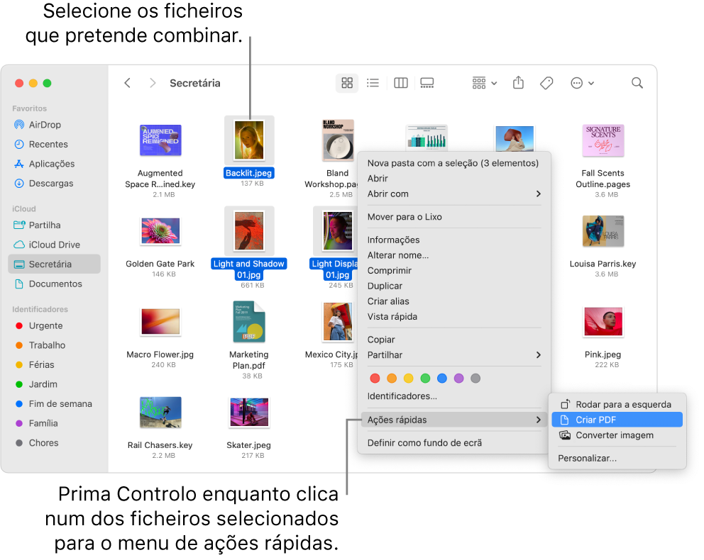 Uma janela do Finder com ficheiros e pastas, na qual estão selecionados três ficheiros e o elemento “Criar PDF” está realçado no menu “Ações rápidas”.