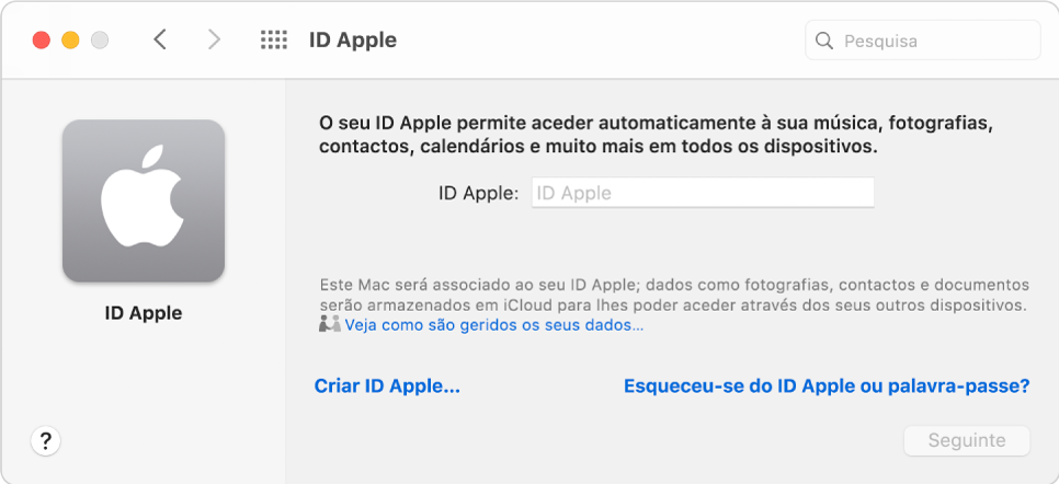 Caixa de diálogo do ID Apple, pronta para a introdução de um ID Apple. Uma hiperligação “Criar ID Apple” permite-lhe criar um novo ID Apple.
