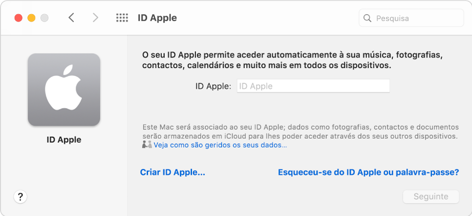 Caixa de diálogo de início de sessão do ID Apple, pronta para a introdução do nome e palavra-passe de um ID Apple.