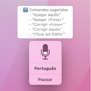 A janela de feedback do controlo por voz com comandos de texto sugeridos, como “Apagar isso” ou “Clicar em Edição”, apresentados por cima dela.