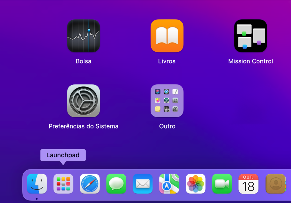 O lado inferior esquerdo da Dock com o ícone do Launchpad.