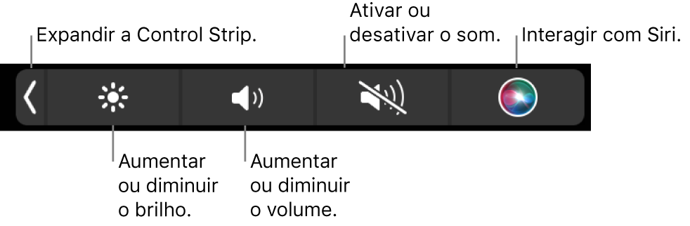 A Control Strip comprimida inclui botões, da esquerda para a direita, para expandir a Control Strip, aumentar ou diminuir o brilho do monitor e o volume, desligar ou ligar o som e usar Siri.