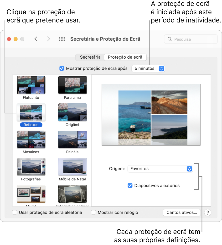 O painel Proteção de Ecrã nas Preferências do Sistema.