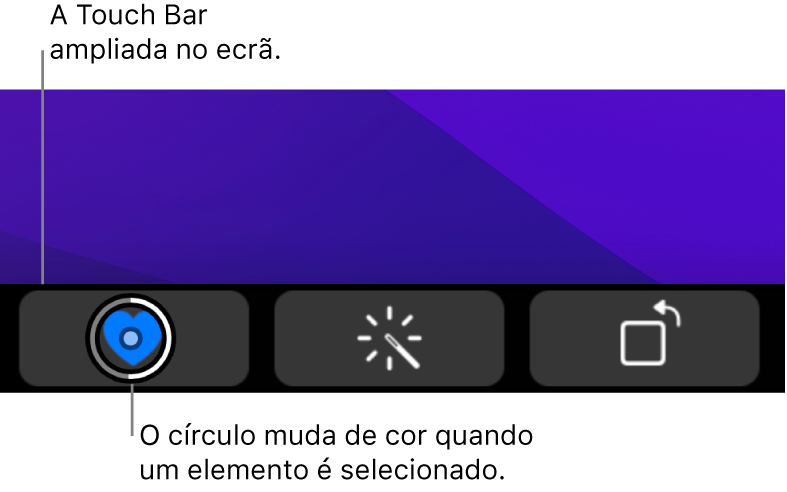 A Touch Bar ampliada na parte inferior do ecrã; o círculo sobre um botão muda quando o botão é selecionado.