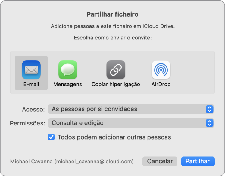 A janela “Partilhar ficheiro” a mostrar aplicações que pode usar para enviar convites e as opções para partilhar documentos.