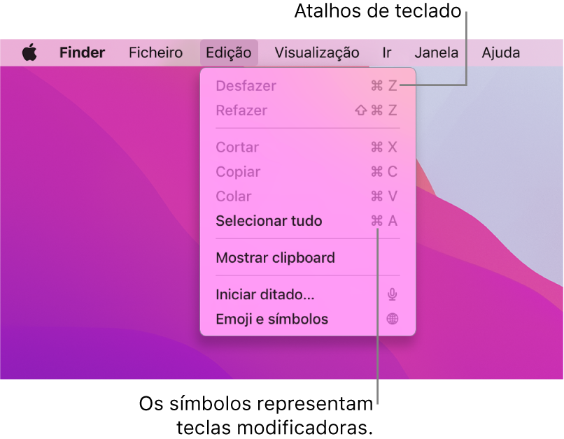 O menu Edição é aberto no Finder; surgem atalhos de teclado junto aos elementos do menu.