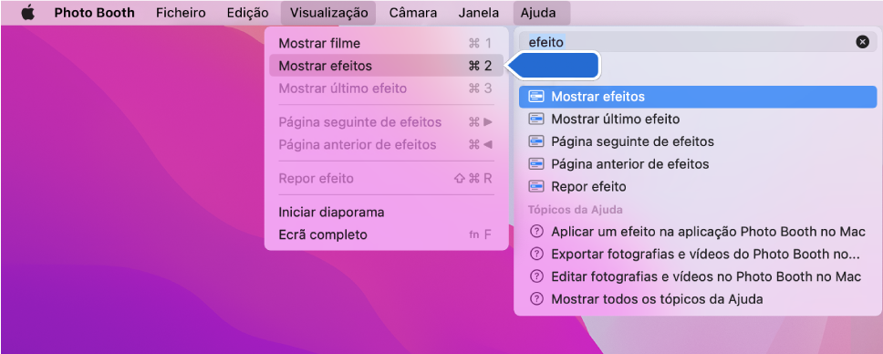 O menu Ajuda do Photo Booth com um resultado de pesquisa para um elemento de menu selecionado e uma seta a apontar para o elemento nos menus da aplicação.