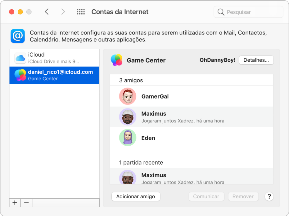 Uma conta do Game Center selecionada nas Contas da Internet, com amizades de jogo listadas à direita.