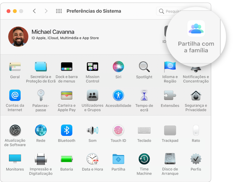 O painel das Preferências do Sistema com o ícone da Partilha com a família realçado.