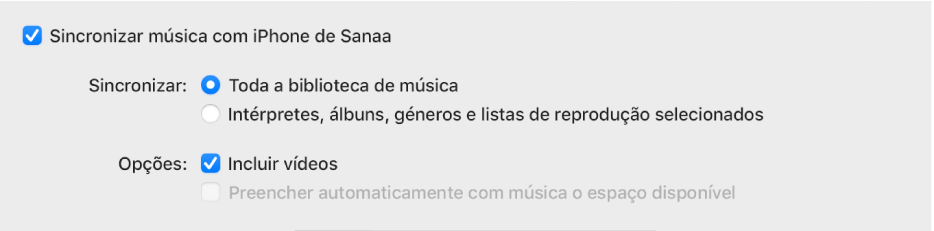 A opção “Sincronizar música para o dispositivo” aparece com opções adicionais para sincronizar a biblioteca inteira ou apenas elementos selecionados e incluir vídeos e gravações no processo de sincronização.