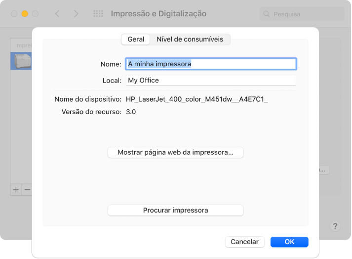 A caixa de diálogo “Opções e acessórios” a mostrar o separador Geral selecionado e os campos para especificar o nome e a localização da impressora.