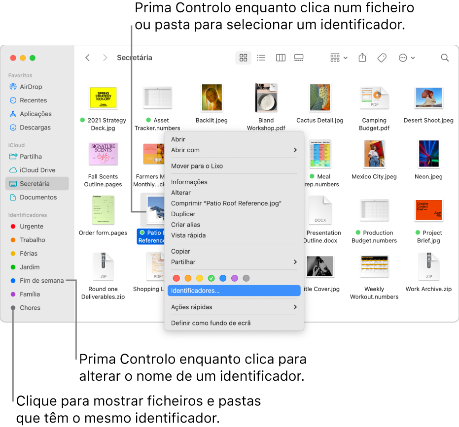 Uma janela do Finder com pastas e ficheiros identificados, com um ficheiro selecionado. No menu de atalhos, há três opções de cores para os identificadores e “Identificadores” está realçado.