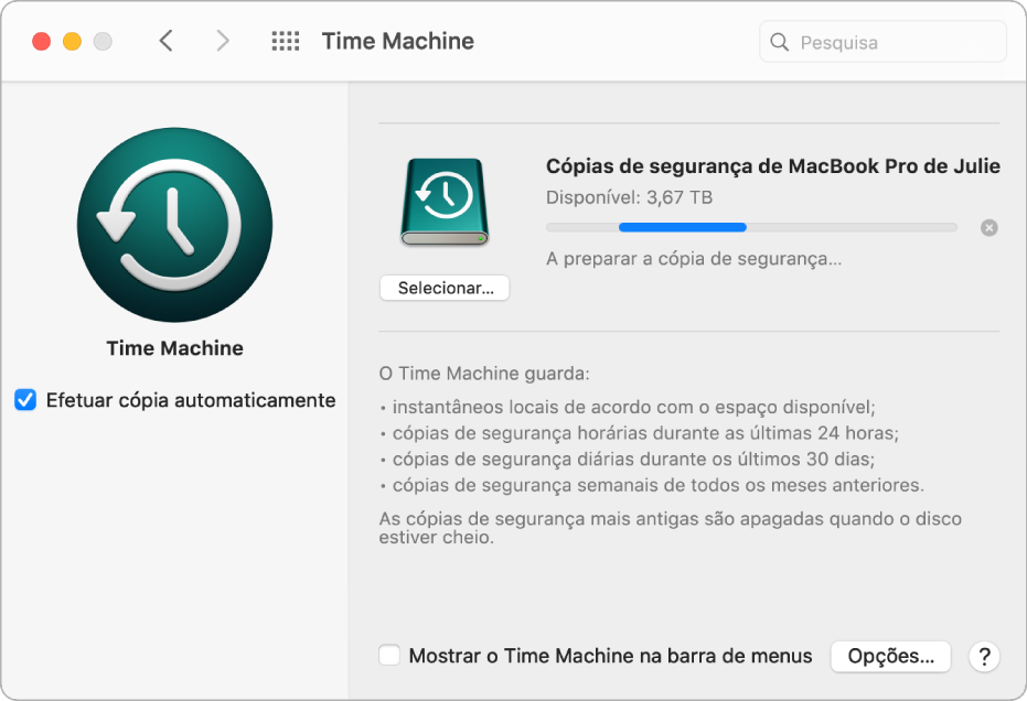 As preferências do Time Machine a apresentarem o estado do progresso de uma cópia de segurança para um disco externo.