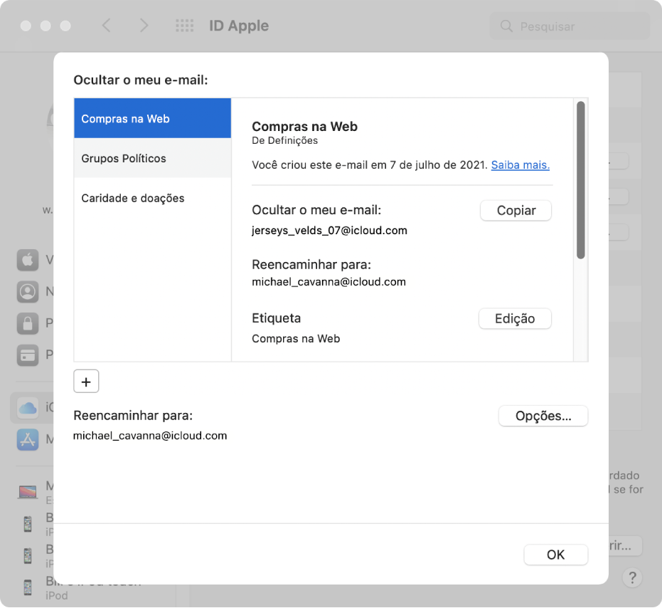 Painel de preferências “Ocultar o meu e-mail” e botão Opções na janela das preferências de iCloud.