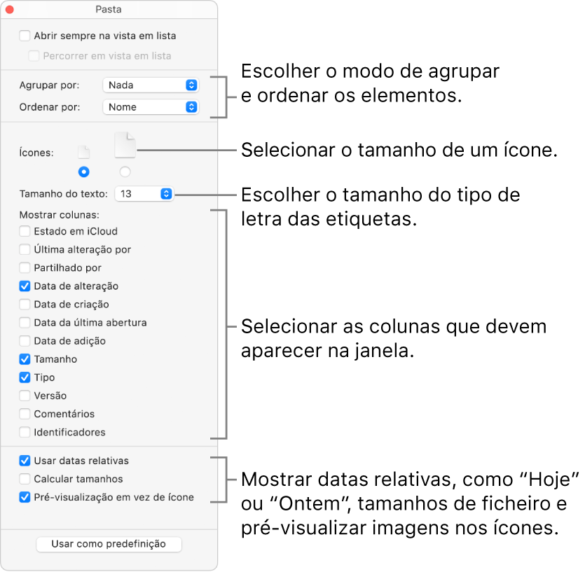 Opções de vista de lista para uma pasta.