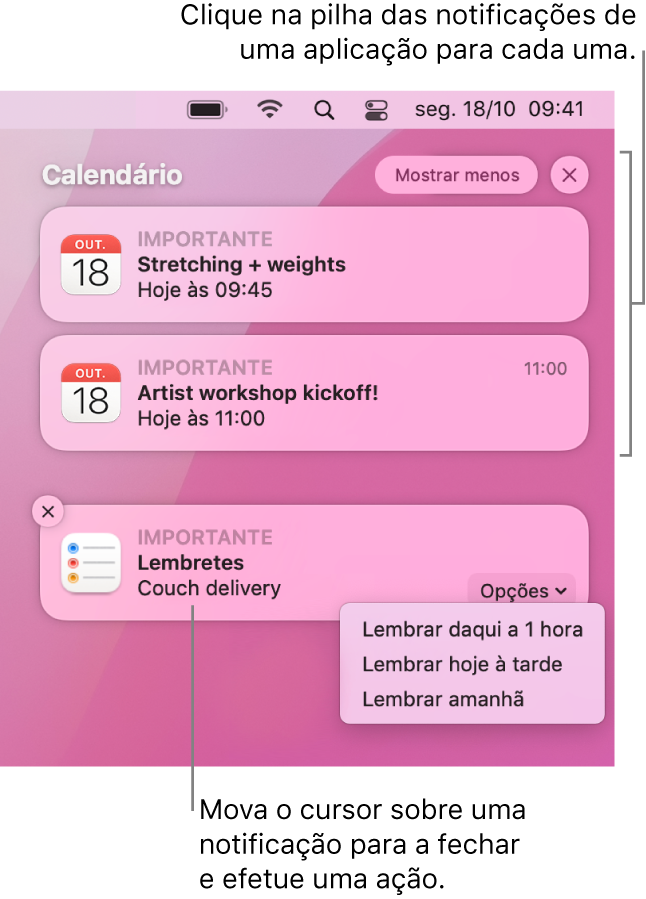 As notificações de aplicação no canto superior direito da secretária, incluindo uma pilha aberta de duas notificações da aplicação Lembretes com um botão “Mostrar menos” para comprimir a pilha e uma notificação da aplicação Calendário com um botão Adiar.