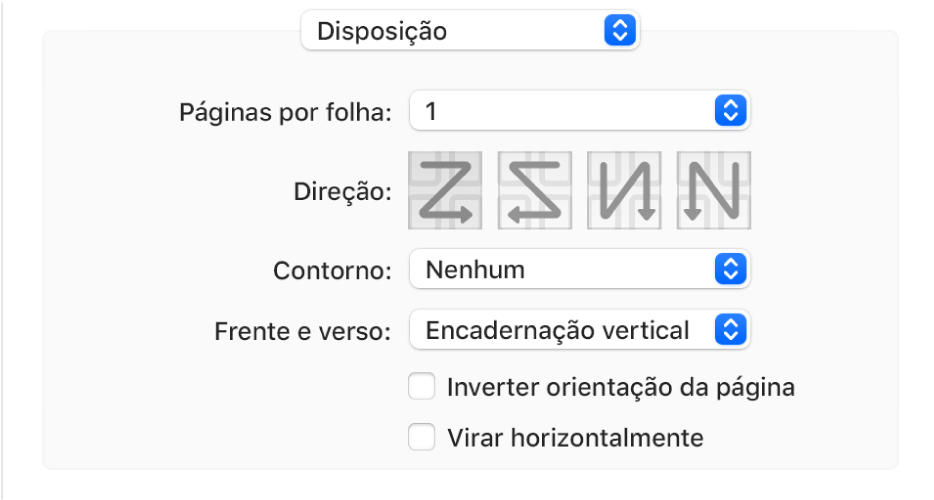 A opção Disposição selecionada no menu pop-up de opções de impressão com a opção “Inverter orientação da página”.