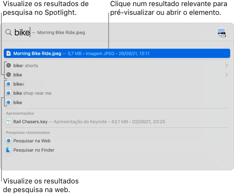 A janela do Spotlight a mostrar texto de pesquisa no campo de pesquisa na parte superior da janela e os resultados por baixo.