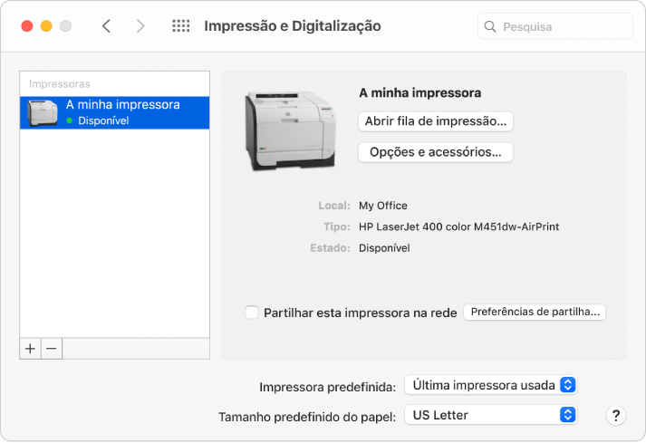 A caixa de diálogo “Impressão e Digitalização” mostra opções para configurar uma impressora e uma lista de impressoras com os botões Adicionar e Remover para adiciona e remover impressoras na parte inferior.