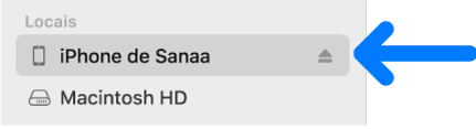 Um dispositivo selecionado na barra lateral do Finder.