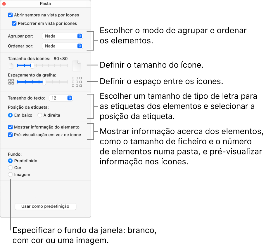 Opções de vista de ícones para uma pasta.