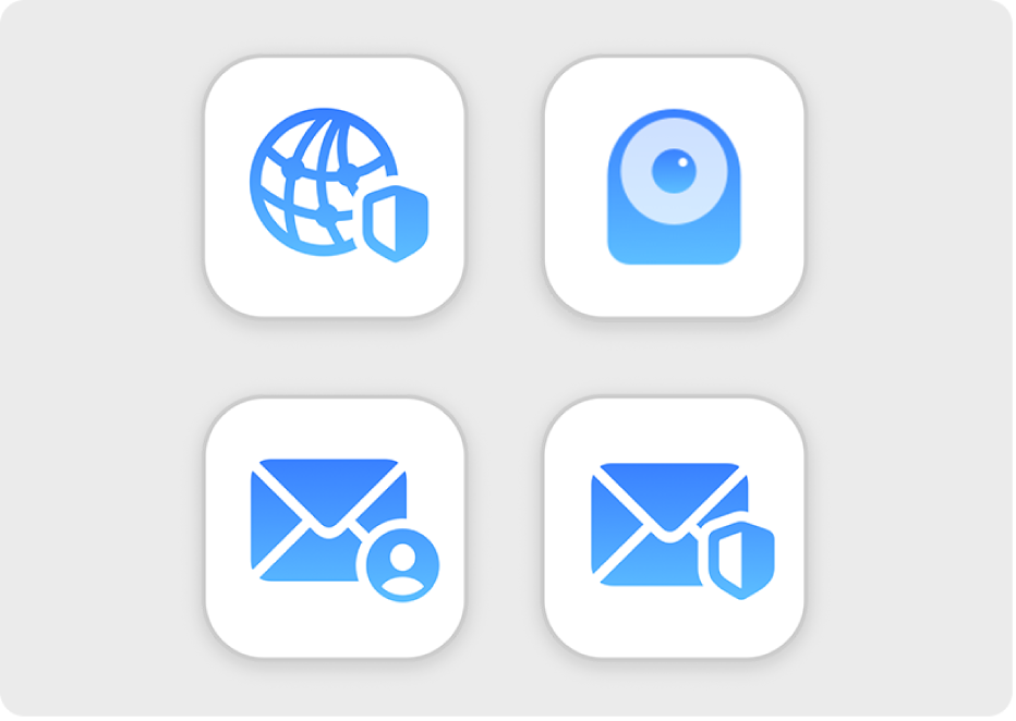 Ícones para o Reencaminhamento privado iCloud, Ocultar o meu e-mail, Casa e Mail.