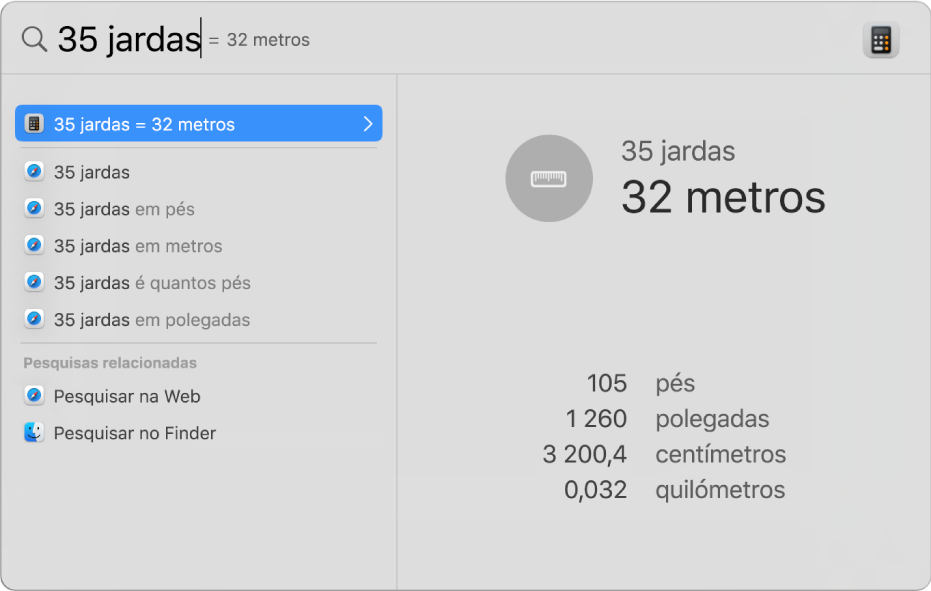 Janela do Spotlight a mostrar uma conversação de jardas para metros no campo de pesquisa. À esquerda está uma lista dos resultados de pesquisa. Conversas adicionais são mostradas na pré-visualização à direita.