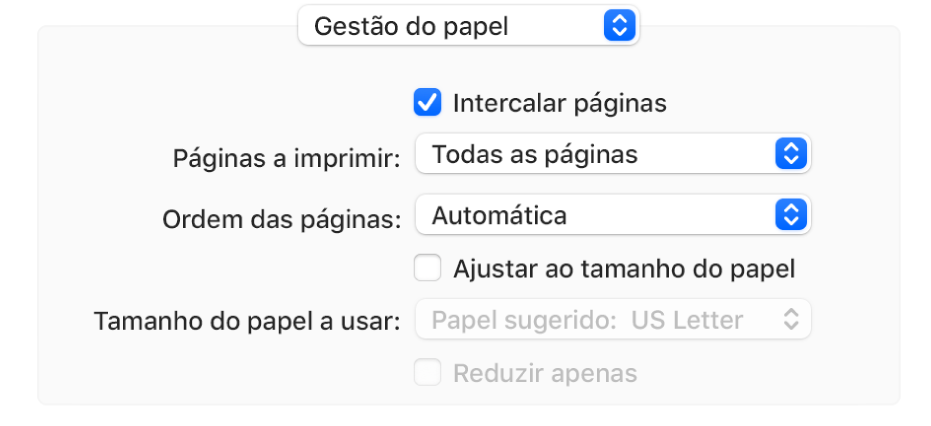 A opção “Gestão do papel” selecionada no menu pop-up de opções de impressão e o menu pop-up “Ordem das páginas” aparece para alterar a ordem das páginas.