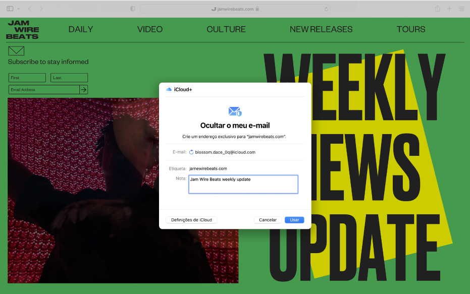 A aplicação Safari a mostrar iCloud+ e a janela “Ocultar o meu e-mail”.