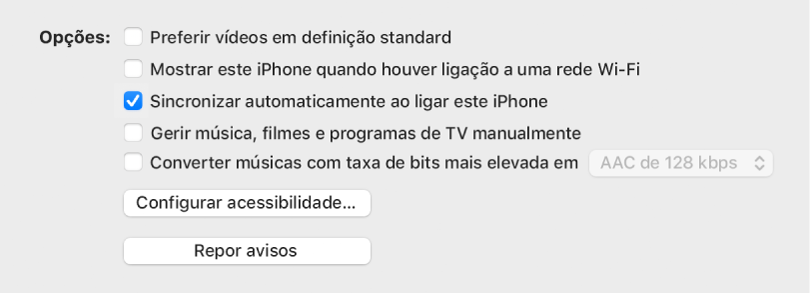 As opções de sincronização, com a opção “Sincronizar automaticamente ao ligar este [dispositivo]” assinalada.