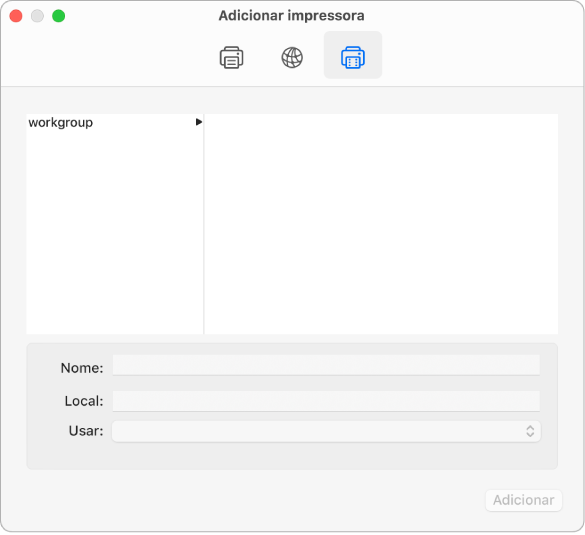 A caixa de diálogo “Adicionar impressora” a mostrar o botão Windows selecionado, opções para selecionar um grupo de trabalho, os campos para introduzir o nome e a localização da impressora e o menu pop-up Usar para selecionar o tipo de impressora.