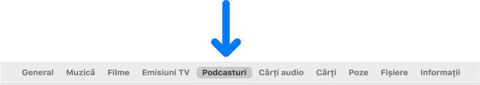 Bara de butoane cu butonul Podcasturi selectat.