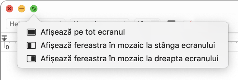 Meniul care apare atunci când deplasați cursorul peste butonul verde din colțul stânga sus al ferestrei. Comenzile meniului, de sus în jos, includ: Afișează pe tot ecranul, Afișează fereastra în mozaic la stânga ecranului, Afișează fereastra în mozaic la dreapta ecranului.