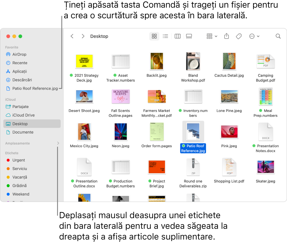 La dreapta opțiunii Amplasamente în bara laterală Finder se află o săgeată pe care puteți face clic pentru a afișa articole suplimentare. În partea dreaptă a ferestrei Finder este selectat un fișier și o scurtătură spre fișier se află în bara laterală, sub Favorite.