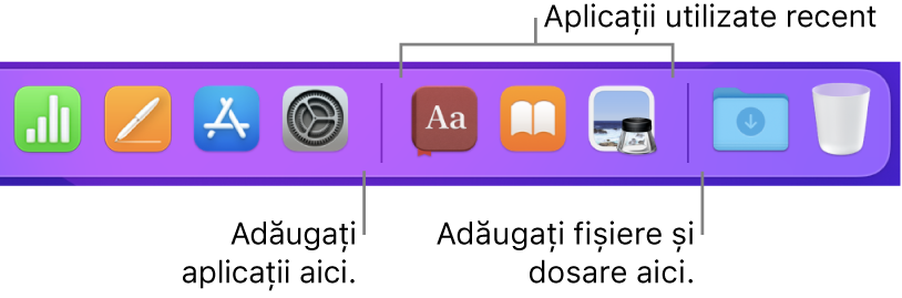 O porțiune a Dock‑ului, afișând liniile de separare dintre aplicații, aplicațiile utilizate recent, fișierele și dosarele.