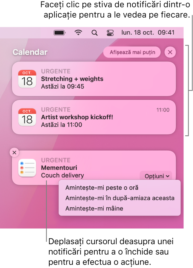 Notificările aplicațiilor în colțul din dreapta sus al desktopului, inclusiv o stivă deschisă cu două notificări Mementouri cu un buton “Mai puțin” pentru restrângerea stivei și o notificare Calendar cu un buton Amână.
