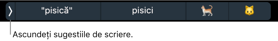Sugestii de scriere afișând cuvinte și emoji și butonul din stânga pentru a ascunde sugestiile de scriere.
