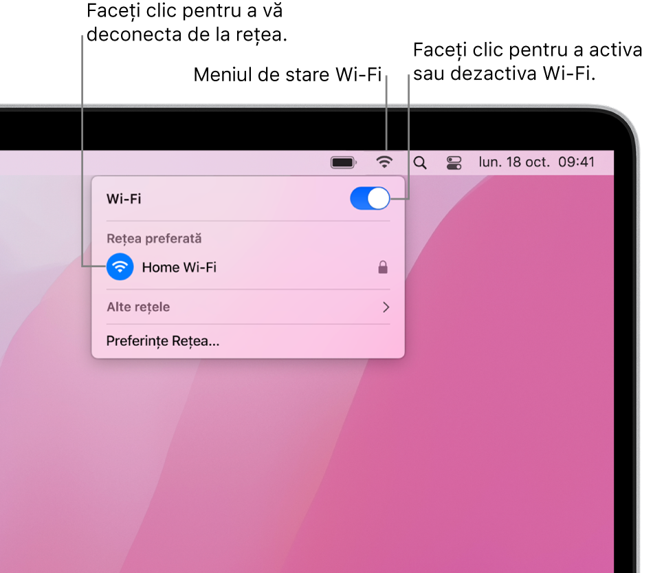 Meniul de stare Wi‑Fi prezentând un hotspot personal și două rețele preferate.