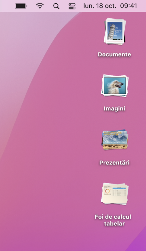 Un desktop Mac cu patru stive – pentru documente, imagini, prezentări și foi de calcul – de-a lungul marginii din dreapta a ecranului.