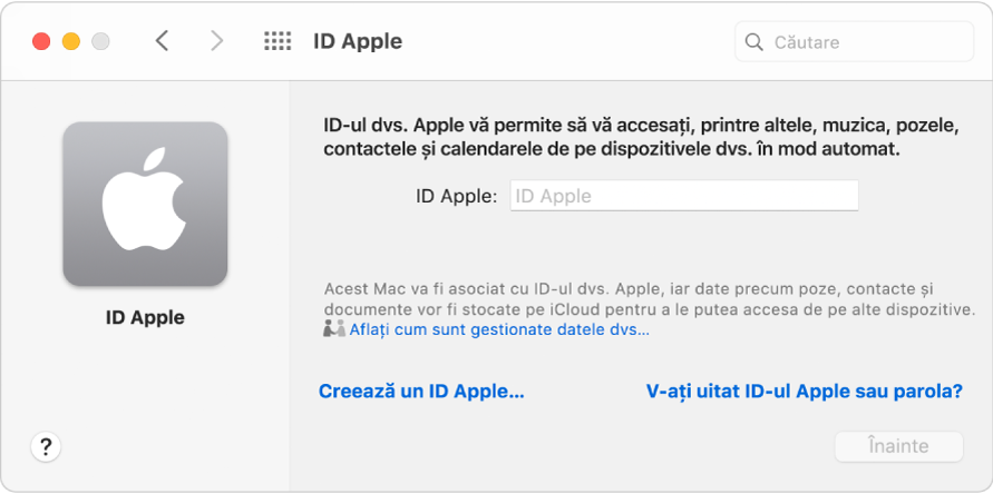 Casetă de dialog ID Apple pregătită pentru introducerea unui ID Apple. Un link Creează un ID Apple vă permite să creați un nou ID Apple.