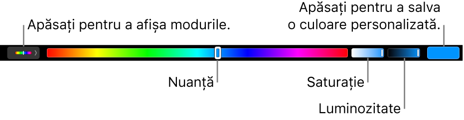 Touch Bar afișând glisoarele de nuanță, saturație și luminozitate pentru modul HSB. La capătul din stânga se află butonul pentru afișarea tuturor modurilor; în dreapta, butonul pentru salvarea unei culori personalizate.