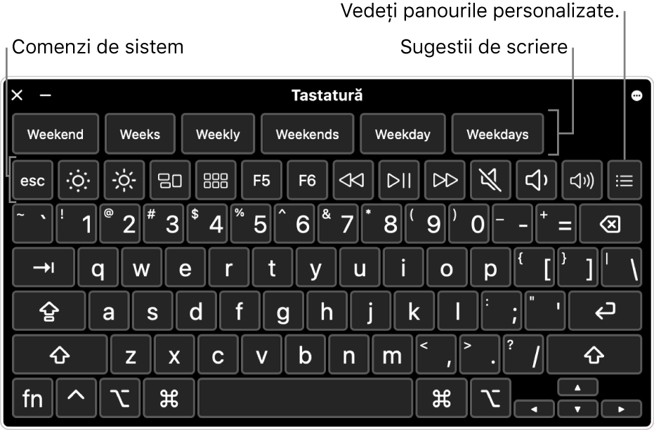 Tastatură de accesibilitate cu sugestii de tastare în partea de sus. Mai jos se află un rând de butoane pentru comenzile de sistem, pentru a realiza lucruri cum ar fi ajustarea luminozității afișajului și afișarea panourilor personalizate.