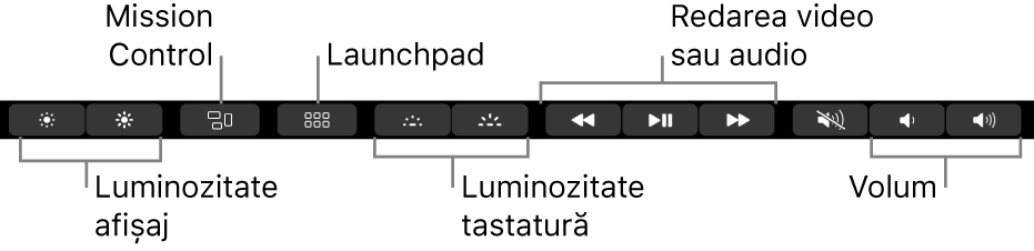 Butoanele din Control Strip extins includ – de la stânga la dreapta – Luminozitate monitor, Mission Control, Launchpad, luminozitatea tastaturii, redarea clipurilor video și audio și volumul.