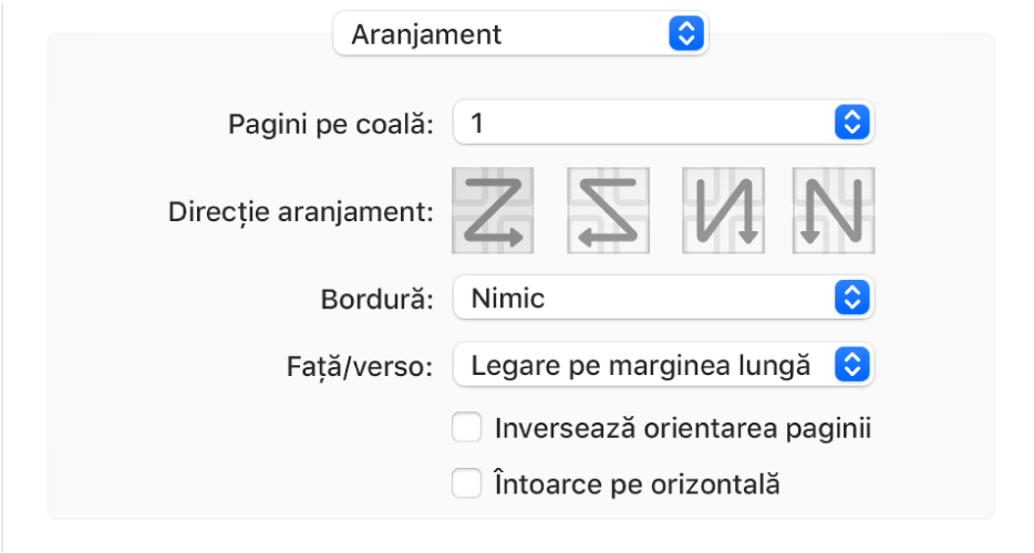 Opțiunea Aranjament selectată în meniul pop-up de opțiuni pentru tipărire, cu caseta de validare “Inversează orientarea paginii” selectată.