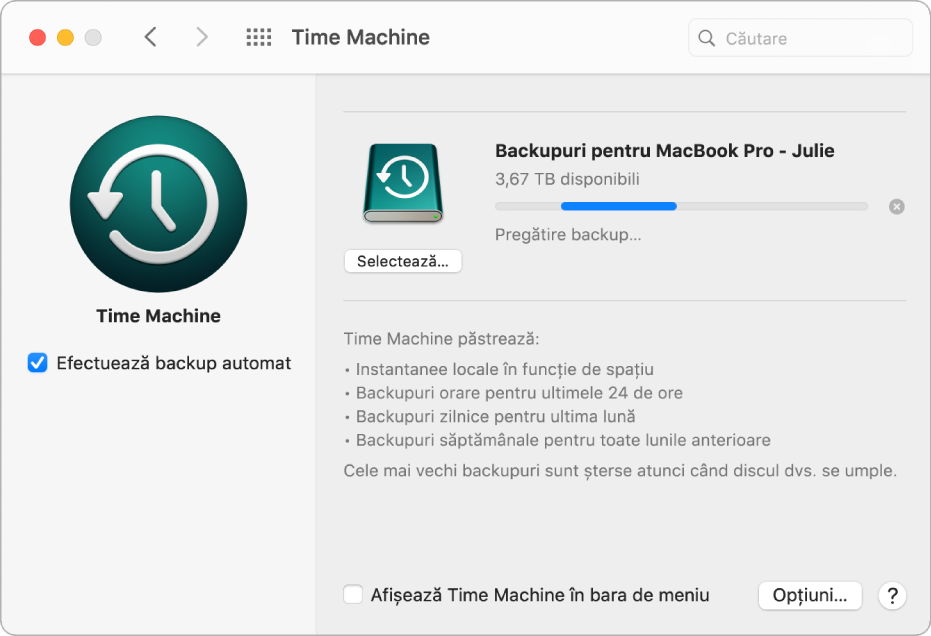 Preferințele pentru Time Machine afișând progresul backupului pe un disc extern.