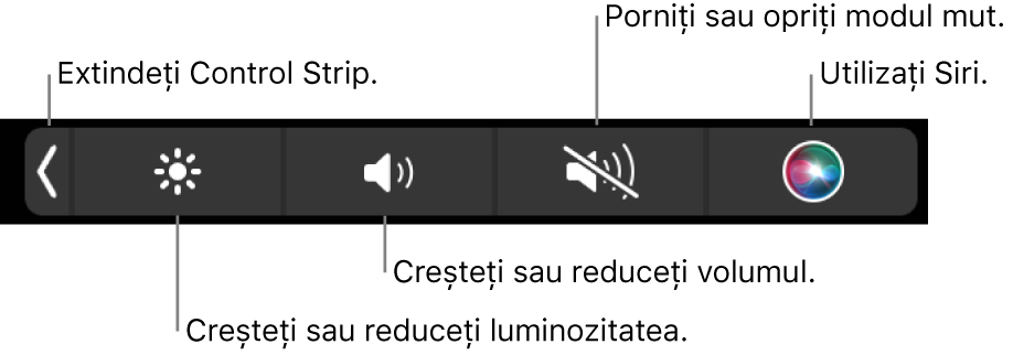 Control Strip restrâns include butoane – de la stânga la dreapta – pentru extinderea Control Strip, creșterea sau reducerea luminozității ecranului și a volumului, activarea sau dezactivarea modului mut și utilizarea Siri.