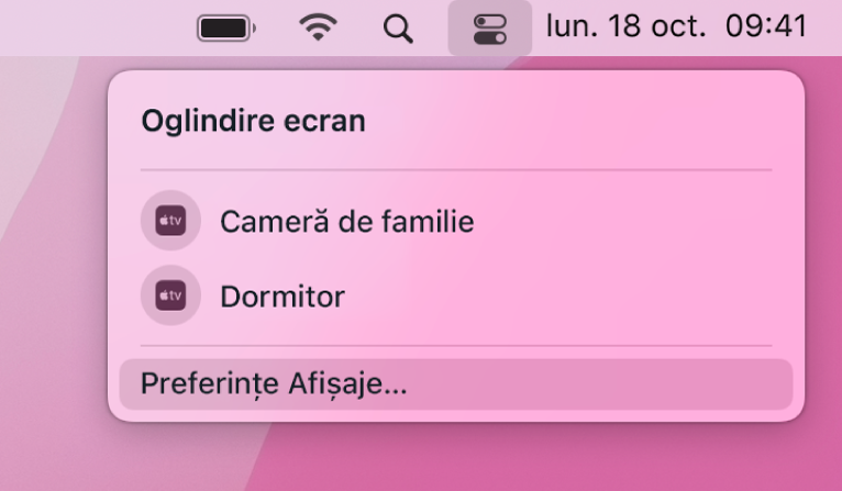 Opțiunile de oglindire a ecranului, inclusiv Apple TV, listate în centrul de control.