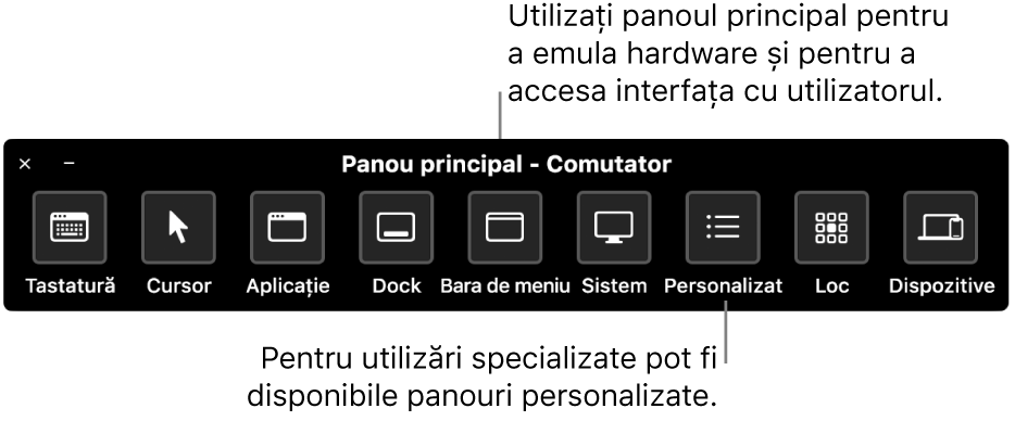 Panoul principal Control comutator oferă butoane pentru a controla, de la stânga la dreapta, tastatura, cursorul, aplicația, Dock-ul, bara de meniu, comenzile de sistem, panourile personalizate, locul ecranului și alte dispozitive.