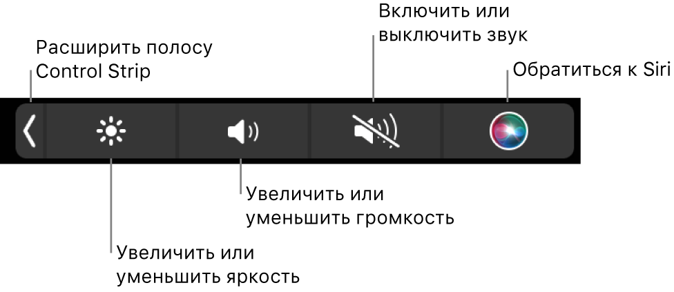 В свернутой полосе Control Strip есть следующие кнопки (слева направо): раскрытие Control Strip, увеличение и уменьшение яркости экрана и громкости, включение и выключение звука, использование Siri.