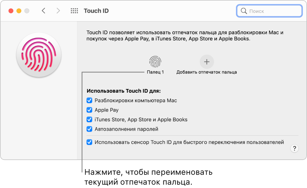 Панель настроек «Touch ID» с готовым отпечатком, который можно использовать для разблокирования Mac.